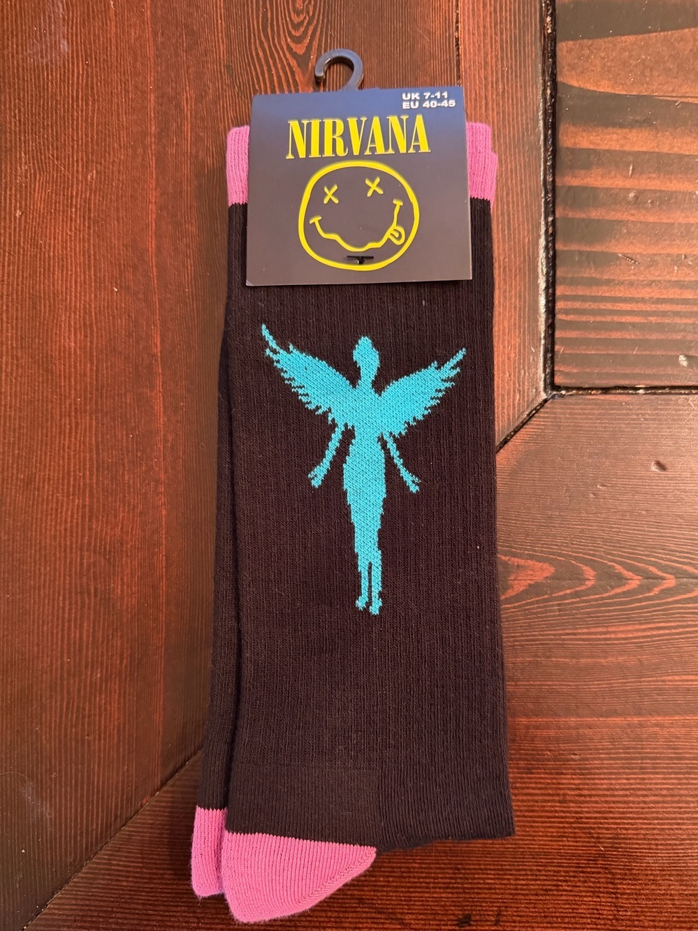 NIRVANA Black Crew Socks with Teal Angel and Pink Accents